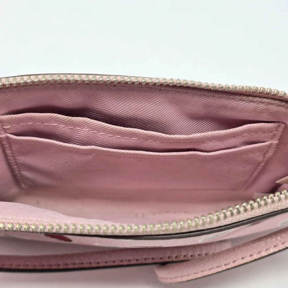 Coach Pink Heart Print Pebbled Leather Wristlet Zip Top Wallet Silver Logo